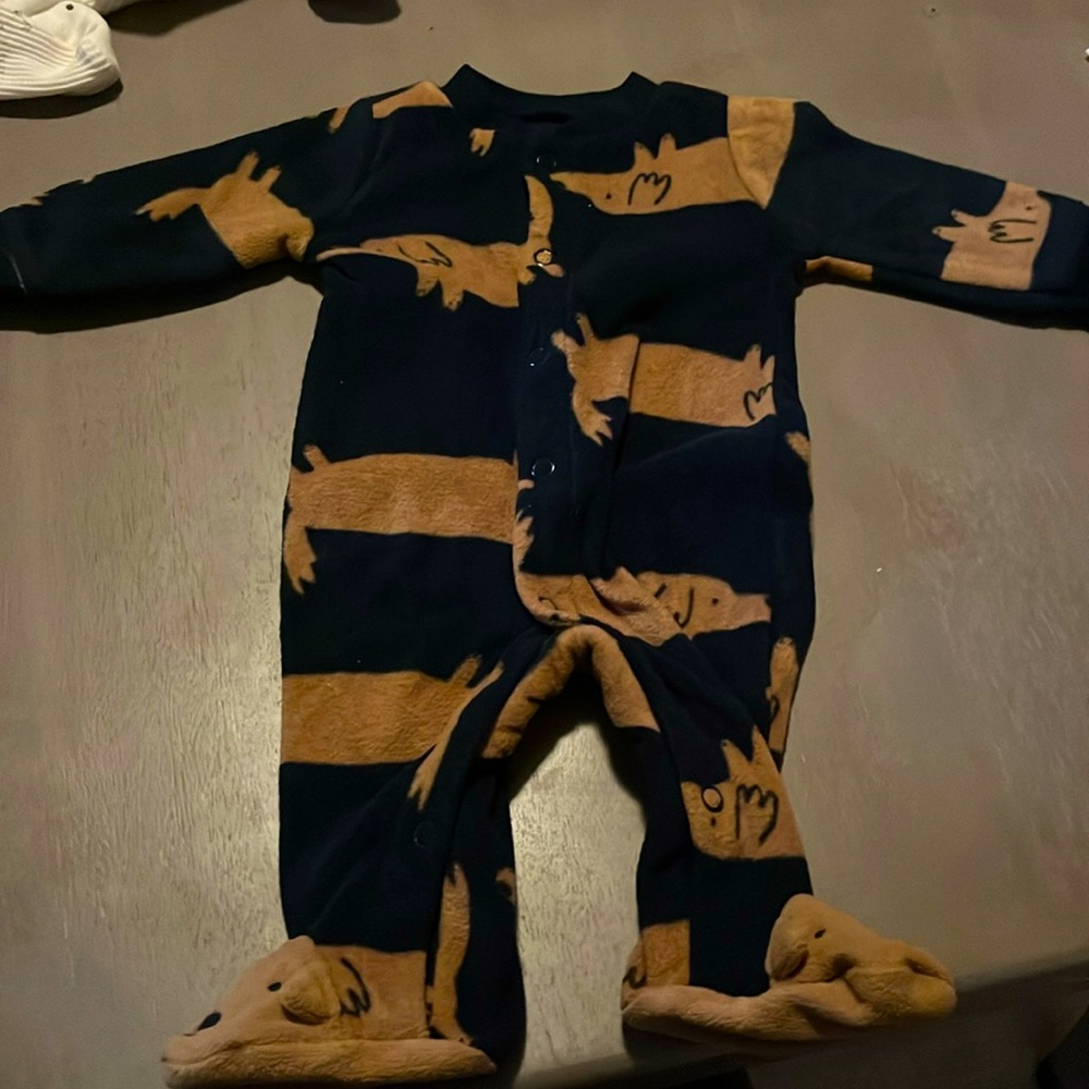 Carters Fleece footies with dogs, brown and Very dark blue, newborn